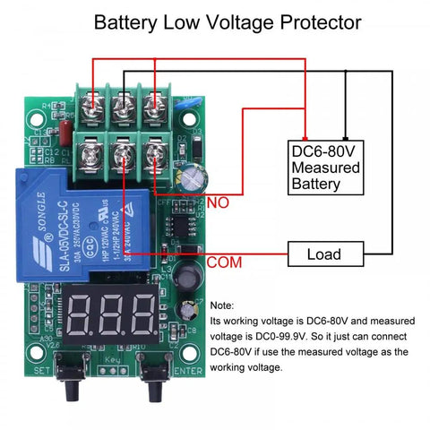 A30-U1 DC 0 To 99.9V Voltage Guard Controller Board With Delay Relay, real-time screen readout, labeled wiring diagram visible