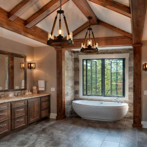 Bathroom with Wooden Ring Hemp Rope Wagon Wheel Chandelier Rustic Farmhouse Vibe Pendant Lighting With Glass Shade