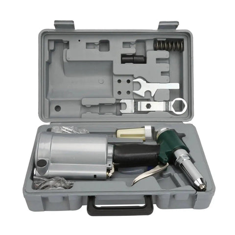 Top Shelf Three Piece Pneumatic Rivet Gun Kit With Heavy Duty Hydraulic Piston And Snappy Quick Release Action inside a storage case.