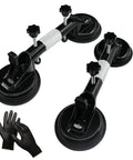 Pro Grade Seam Setter For Granite Tile With Heavy Duty Vacuum Suction Cup, black aluminum frame and gloves, top view.
