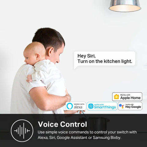 Man holding baby while using Smart Home Dimmer Switch For Apple HomeKit with voice control via Siri in kitchen