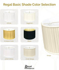 Color selection of shallow drum lamp shades including white, eggshell, antique gold, black, linen white, beige. Royal Designs Inc.