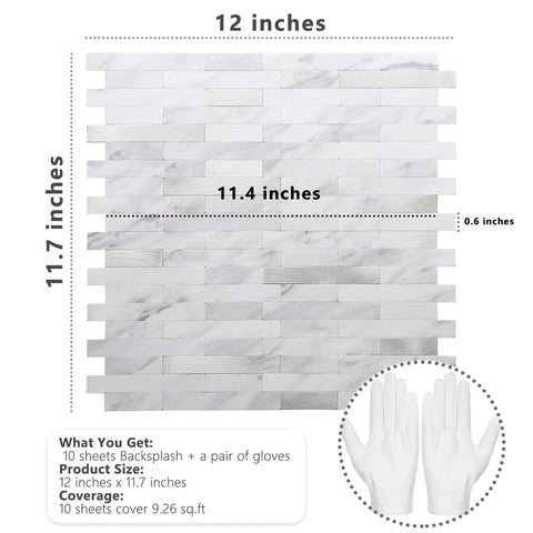 Peel And Stick Backsplash PVC Wall Tiles For Kitchen White Marble With Metal Silver Finish 10 Sheets Easy Install dimensions
