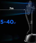 Heavy Duty Outdoor Misting Floor Fan With Three Speed Settings And Wide Swing, showcasing airflow distance and coverage area.