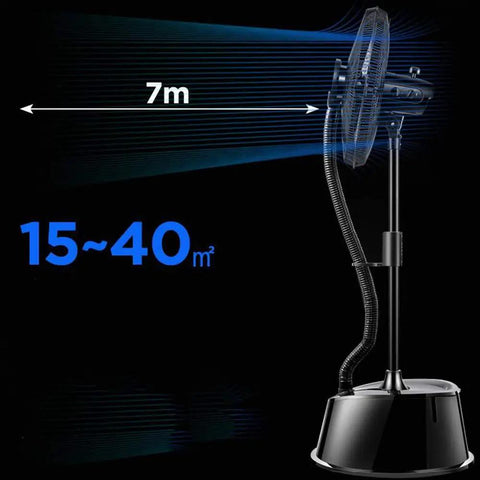 Heavy Duty Outdoor Misting Floor Fan With Three Speed Settings And Wide Swing, showcasing airflow distance and coverage area.