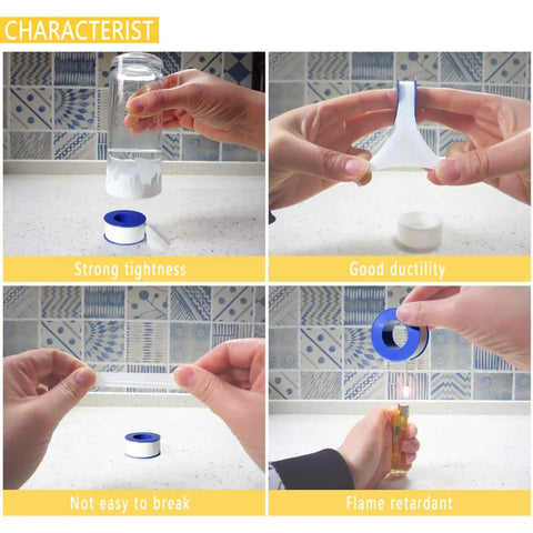 Demonstration of Four Rolls Of Three Quarter Inch White Teflon Tape For Plumbers PTFE Thread Sealant Leak Proof
