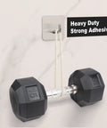 8 Pack Heavy Duty Adhesive Hooks Stick On Wall And Door Hangers Waterproof Stainless Steel holding a dumbbell