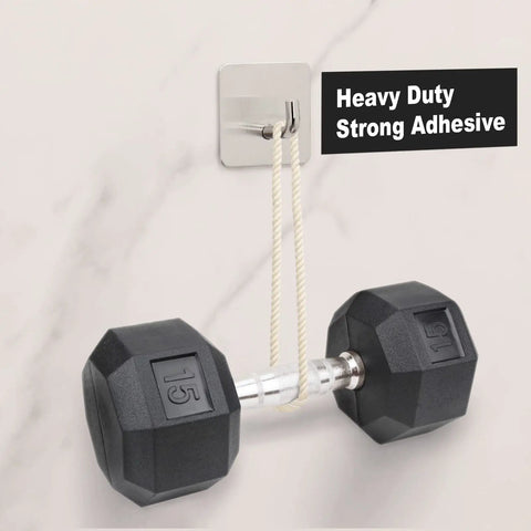 8 Pack Heavy Duty Adhesive Hooks Stick On Wall And Door Hangers Waterproof Stainless Steel holding a dumbbell