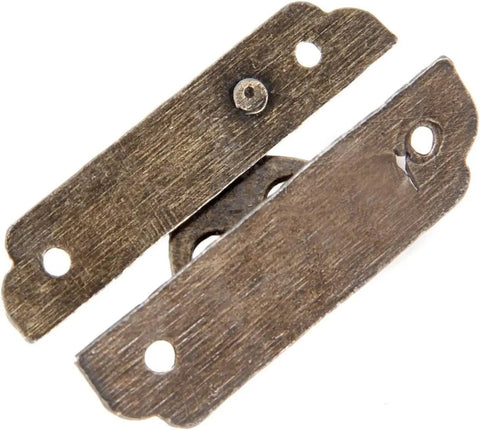 Close-up of Antique Bronze Wooden Box Hinges Set Five 25x48mm Hasps Iron Lock Catch Latches for jewelry boxes and furniture.