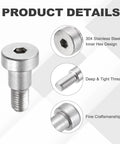 Pro Grade 304 Stainless Steel Shoulder Bolts 4 Pack featuring M8x1.25 Threads and tough as nails 10mm hex socket shoulders close-up image.