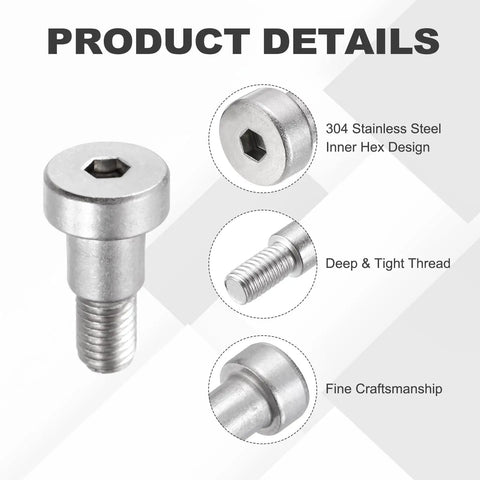 Pro Grade 304 Stainless Steel Shoulder Bolts 4 Pack featuring M8x1.25 Threads and tough as nails 10mm hex socket shoulders close-up image.