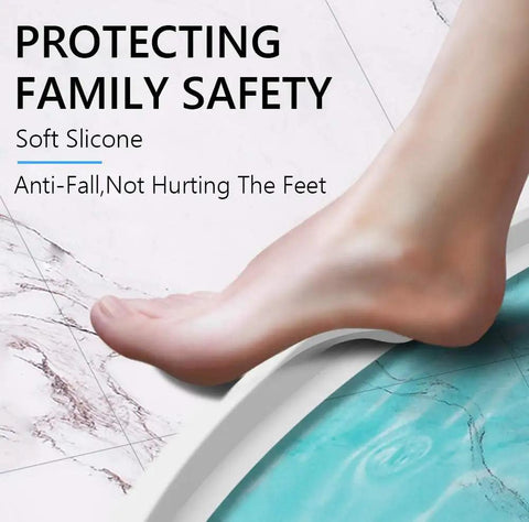 Foot stepping on 67 Inch Collapsible Shower Water Dam Barrier Keeps Water In The Shower And Prevents Wet Floor Mess In Bathroom And Kitchen