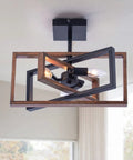Dope Industrial Rectangle Flush Mount Ceiling Light with Rotatable Metal Frame in Rustic Faux Wood Finish, Three Arm Black Rod