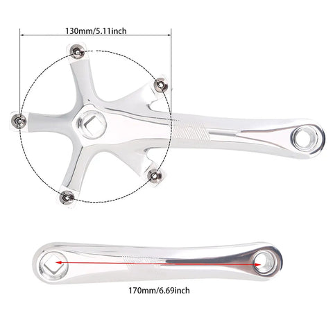 170mm Alloy Bike Crank Arm Pair Set For Mountain And Road Bikes Riding Ready, silver, square taper design with dimensions.