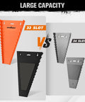 Two Piece Magnetic Wrench Organizer With 32 Slots For Toolboxes, Drawers And Garage, Keeps SAE Quarter Inch To One And One Sixteenth Inch And Metric Six To Twenty Four Millimeter Wrenches Neatly Stored, Black And Orange, 11 Pound Capacity, shown with 32-slot and 24-slot options
