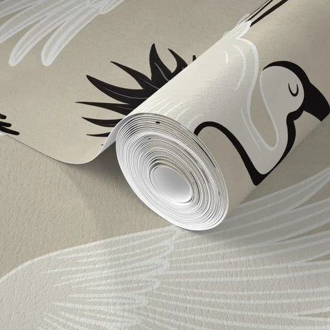Premium Bird Pattern Large Scale Pvc Free Wallpaper featuring durable matte linen texture, rolled, beige with bird designs.