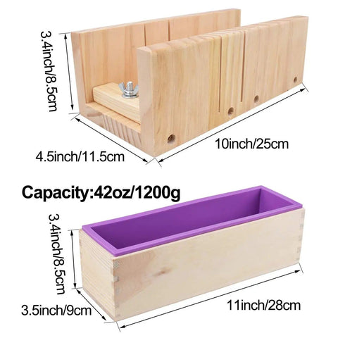 DIY Soap Making Cutting Kit With Two Purple Silicone Molds In Wood Boxes Adjustable Wood Cutter side view measurements