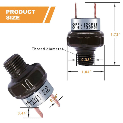 Heavy Duty Air Pressure Switch 120 To 150 PSI 1 Eighth NPT Thread For Air Horns And Compressors, 46x26x26mm, black finish, shown with dimensions
