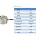 Compact Micro Column Load Cell With Indicator Display For Small Space Control Systems Plug And Play Weight Tension And Compression Sensor Up To Ten Kilograms next to technical specifications chart.