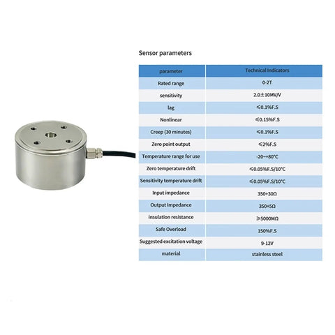 Compact Load Cell With Built In Indicator Display For Small Space Control Systems Offering Weight Tension And Compression Sensing In One Unit With 20 Kg Capacity Perfect For Factory Automation And Tight Space Applications No Fuss Setup beside technical specifications chart