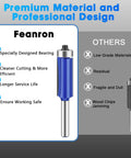 Top Shelf 4 Piece Carbide Router Bit Set With Top Bearing Flush Trim Design showing premium bearing and efficiency features.