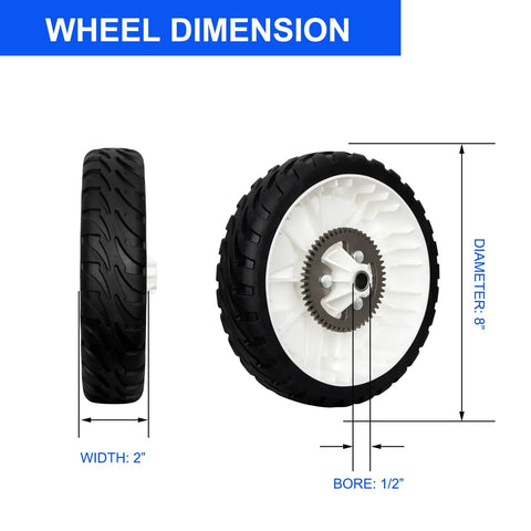 Set Of 2 Heavy Duty 8 Inch Rear Drive Wheel Assemblies With Metal Gear For 22 Inch Toro Recycler Lawn Mowers Fits Models 20332 20333 20334 20337 20372 20373 20374 20955 20958, showing wheel dimensions