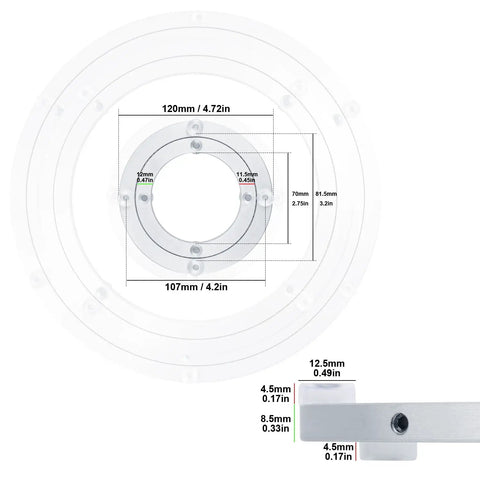 Top Shelf Aluminum Alloy 4 Pack Lazy Susan Turntables With Breezy 360 Spin Action For Kitchen Cabinets Countertops And Dining Tables Straight Up Hassle Free Organizer Hardware, detailed size dimensions.