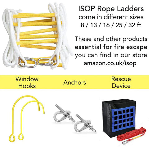 Image showing 2 Story 16Ft Fire Escape Ladder with flame-resistant rope, anchors, and rescue device, US made, white and yellow.