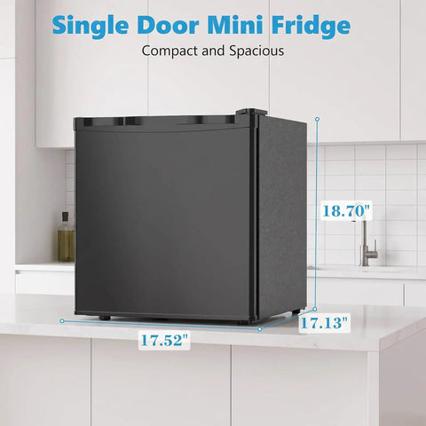 Rock Solid 1.6 Cu Ft Mini Fridge With Freezer compact single door design dimensions 17.52" x 18.70" x 17.13" ideal for dorms and offices.