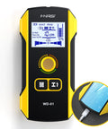 6 In 1 Wall Stud Finder And Detector With Updated Positioning Hole featuring LCD and control buttons, yellow and black design.