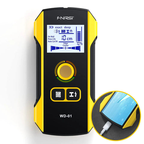 6 In 1 Wall Stud Finder And Detector With Updated Positioning Hole featuring LCD and control buttons, yellow and black design.