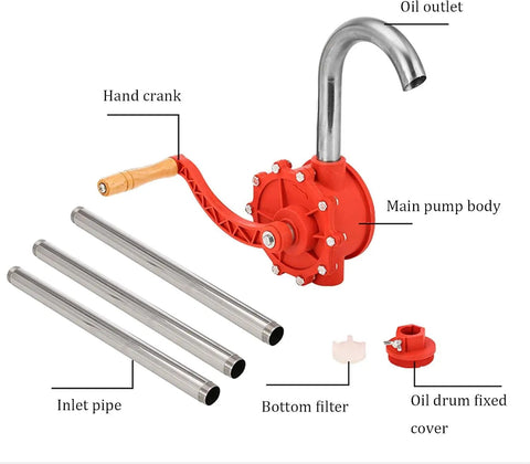 Heavy Duty Rotary Hand Barrel Pump For 15 To 55 Gallon Drums With Stainless Steel Inlet Pipe. Ideal For Transferring Gasoline, Kerosene, Antifreeze, Oil, Hydraulic Fluids And Other Petroleum Products. Durable Red Construction With Wear Resistant Core