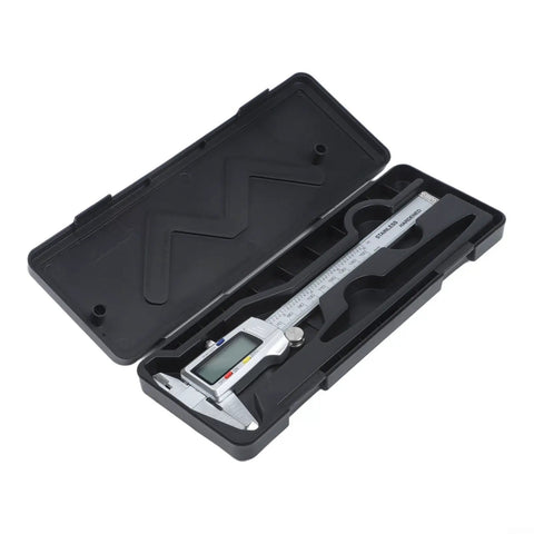 Digital Vernier Caliper with Large LCD Display in black case, showcasing stainless steel design and accessible measurement features.