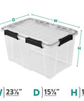 Built To Last Clear Storage Bins 54 Quart 2 Pack, Stackable Plastic Totes With Tight Lids, Gasket Sealed Waterproof Containers showing dimensions.