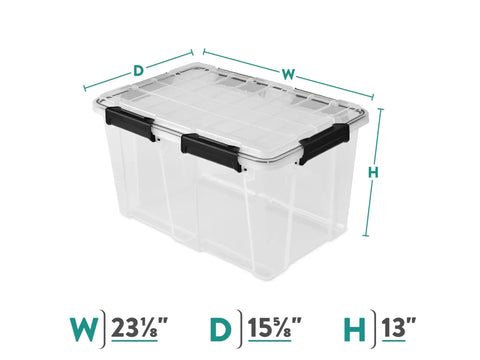 Built To Last Clear Storage Bins 54 Quart 2 Pack, Stackable Plastic Totes With Tight Lids, Gasket Sealed Waterproof Containers showing dimensions.