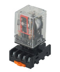 Plug-And-Play 24V DC Relay Kit, 10A High-Current Switch With PF083A 8-Pin Socket Base For Quick Mount, Reliable Power Control In Industrial Automation Panels And Heavy-Duty Equipment. 24V DC relay with clear cover and black PF083A base