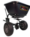 Tow Behind Broadcast Spreader With Universal Hitch 125 Lb Capacity Durable Poly Hopper for Lawn Seeds Fertilizer and Ice Melt