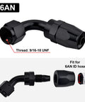 6AN Hose End Fitting 45 Degree Swivel For CPE Braided Hose Black Aluminum 6061 T6 Built Tough With 9/16-18 UNF Thread Compatible With Stainless Steel And Nylon Braided Hoses, black 45° fitting