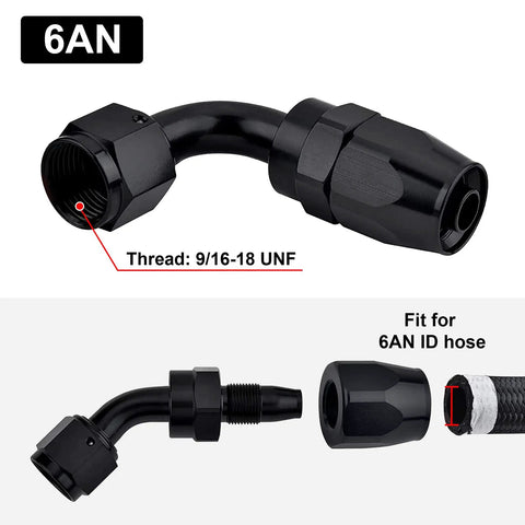 6AN Hose End Fitting 45 Degree Swivel For CPE Braided Hose Black Aluminum 6061 T6 Built Tough With 9/16-18 UNF Thread Compatible With Stainless Steel And Nylon Braided Hoses, black 45° fitting