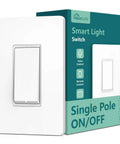 Single Pole Smart Light Switch With Neutral Wire Required 2.4GHz WiFi Works With Alexa And Google Home Schedule Remote Control Easy Setup For Single Pole Circuits shown with packaging.