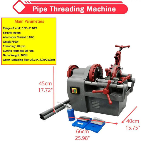 Industrial Strength Electric Pipe Threading Machine And Cutter Tool 1/2 To 2 Inch Npt Dies 110V showing 750W motor and pipe attachments.