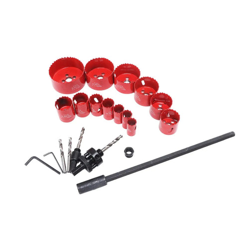 Fafeicy 21 Pc Hss Hole Saw Kit With Fast Cutting Wood Metal Plastic Plasterboard Set Includes Twisting Drill Bit Thread Converter And Hex Wrench, red bi-metal hole saw set