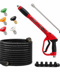 Beefy Pressure Washer Gun And Hose Kit For 25Ft High Pressure Cleaning Spray Gun With Wand Extension 5 Nozzles M22 14mm Fittings 3600 PSI Durable Quick Connect Hose in red and black with coiled hose and colored nozzles displayed.