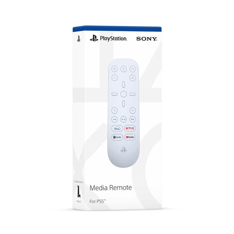 PS5 Media Remote With Built In Play Pause Fast Forward And Rewind Controls displayed in packaging box