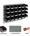 Boss Level 1275 Piece Heavy Duty Fastener Kit With Rock Solid Plastic Storage Bins And Wall Mount Louvered Panel For No Sweat Garage Organization showing 24 plastic bins on a louvered panel.