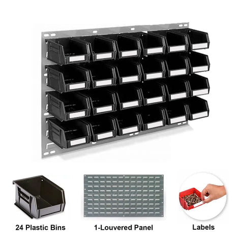 Boss Level 1275 Piece Heavy Duty Fastener Kit With Rock Solid Plastic Storage Bins And Wall Mount Louvered Panel For No Sweat Garage Organization showing 24 plastic bins on a louvered panel.