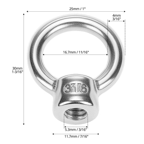 Heavy Duty 316 Stainless Steel Lifting Eye Nuts In One Quarter Inch Unc Thread, 30mm with 1/4UNC thread for rigging.