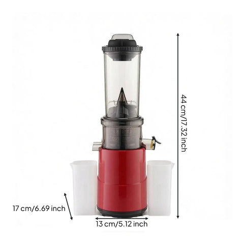 Sleek Red Masticating Cold Press Juicer With Extra Wide Feed Opening For Whole Fruits And Veg, High Yield Electric Juicing Machine 44cm tall with clear cups.