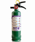 Kick Ass With Clean Agent Fire Extinguisher Featuring Perfluorohexanone, green metal body with instruction label for use.