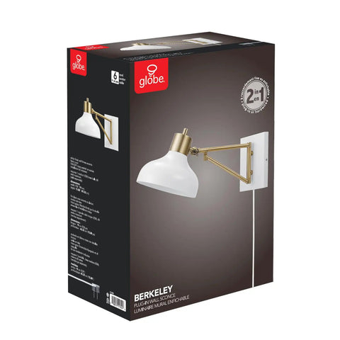 1 Light Plug In Or Hardwire Swing Arm Wall Sconce With White Finish Brass Accents White Cloth Cord Mounted Bedside Lamp For Bedroom Or Kitchen Sconces Bulb Not Included packaging